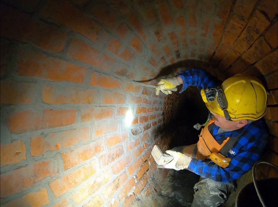 Łódź, Uzupełnianie ubytków w fugach ceglanych ścian kanału