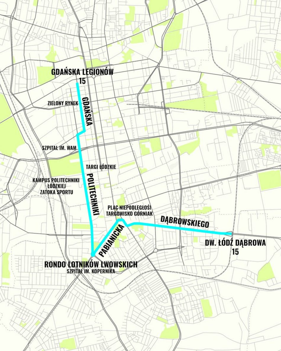 MPK Łódź - trasa linii nr 15 - mapa