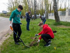 Sadzenie drzew na terenie sortowni MPO w Łodzi. Uczniowie z Polski i Ukrainy sadzą drzewa