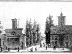 Pod koniec lat 20. XIX w. na Nowym Rynku wybudowano ratusz i kościół ewangelicki (Litografia w. Walkiewicza poł. XIX w.)