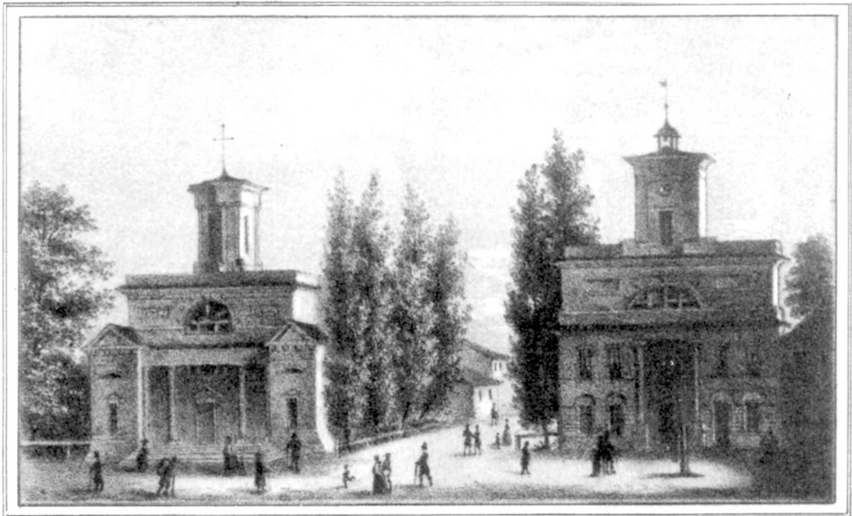 Pod koniec lat 20. XIX w. na Nowym Rynku wybudowano ratusz i kościół ewangelicki (Litografia w. Walkiewicza poł. XIX w.)
