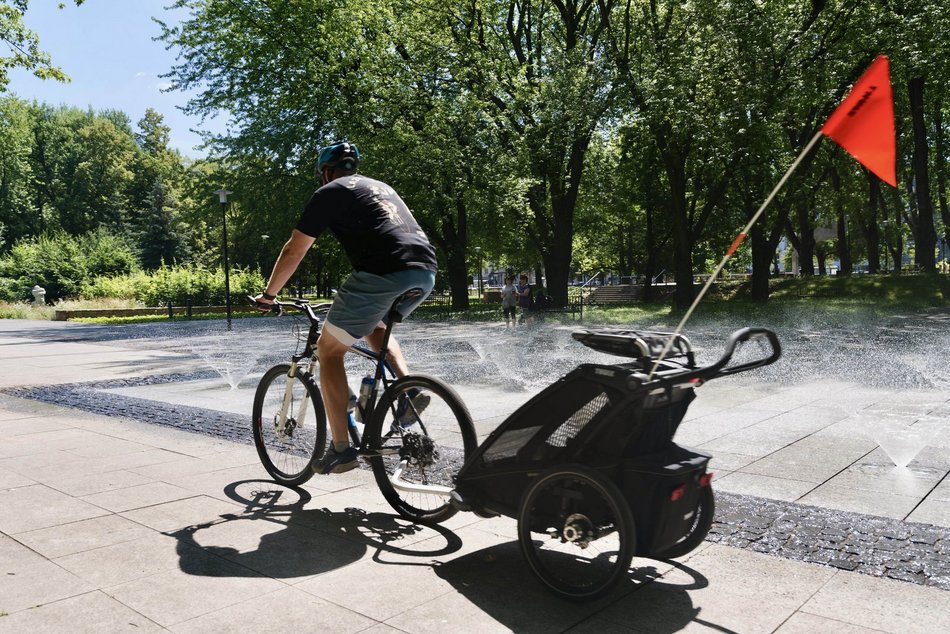 Łódź. Park Staromiejski w letnim wydaniu. Rowerzyści, dzieci i spacerowicze z pieskami