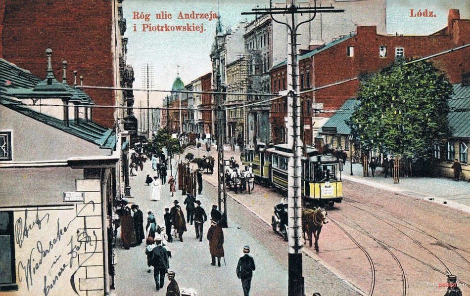 Tramwaj na rogu ulic Andrzeja i Piotrkowskiej - rok 1907