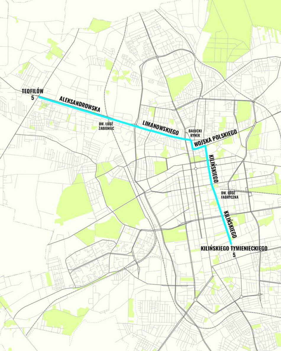 MPK Łódź - trasa linii nr 5 - mapa