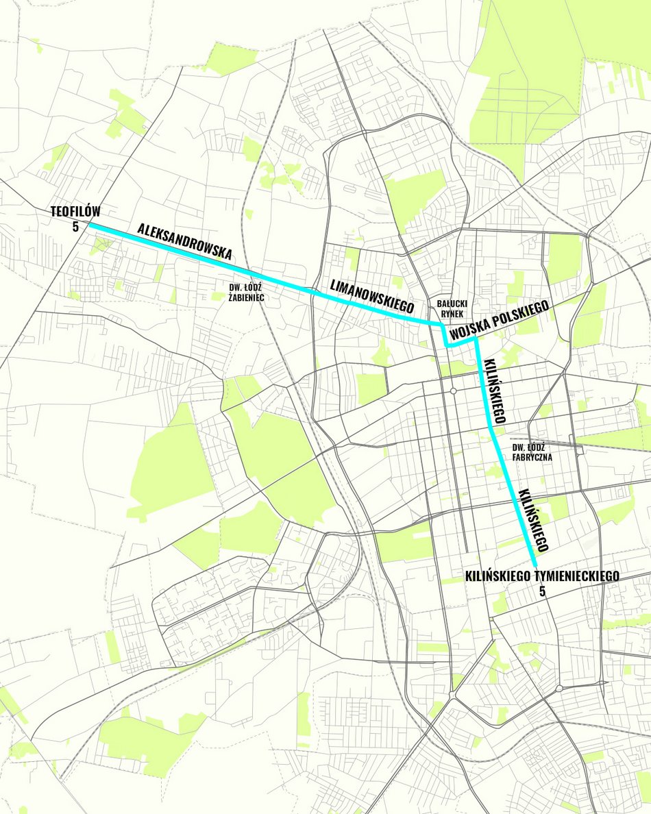 [Translate to Ukraiński:] MPK Łódź - trasa linii nr 5 - mapa