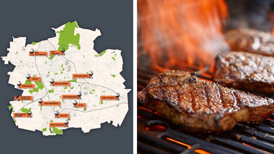 Miejsca na grilla w Łodzi - mapa i stek na grillu