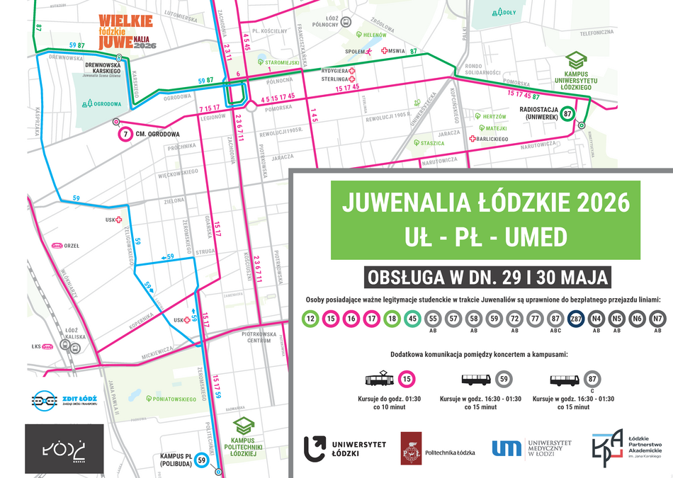 Łódź. MPK Łódź na Juwenalia 2026 w Łodzi. Zmiany tras, linie specjalne i bezpłatne podróżowanie