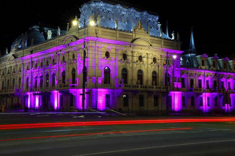 Łódź. Światowy Dzień Świadomości HPV w Łodzi. Pałac Poznańskiego w fioletowych barwach