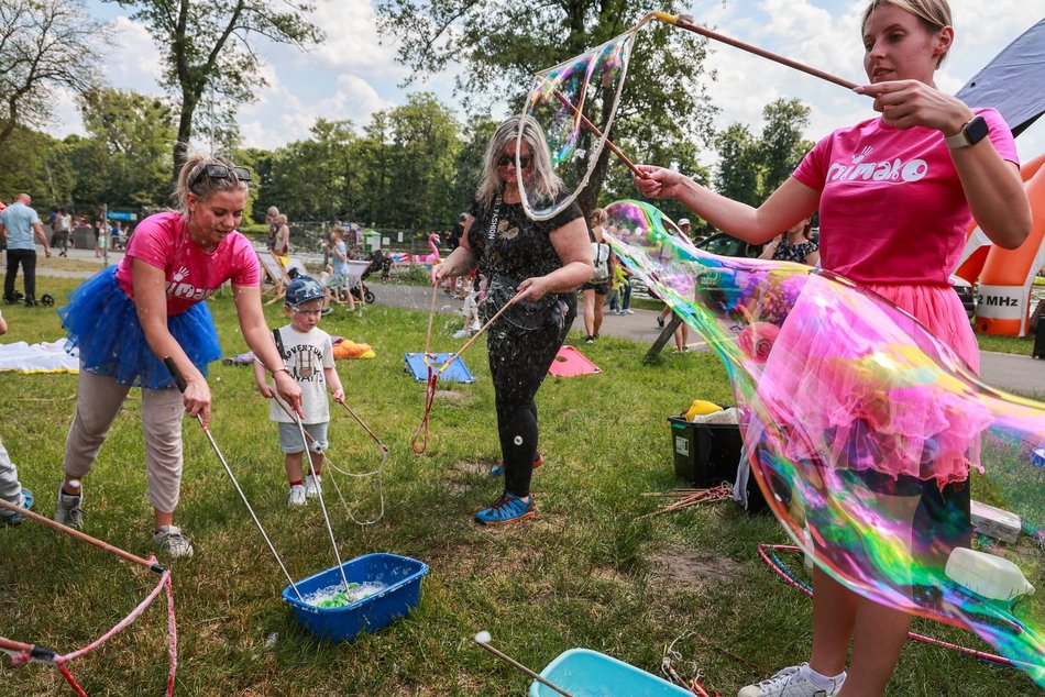 Łódź. Dzień Dziecka w parku na Młynku w Łodzi. Dmuchańce, alpaki i skutery wodne