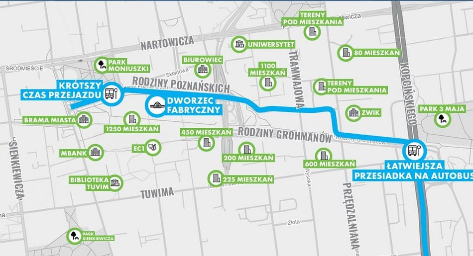 Łódź. Trasa tramwaju w Nowym Centrum Łodzi na mapie
