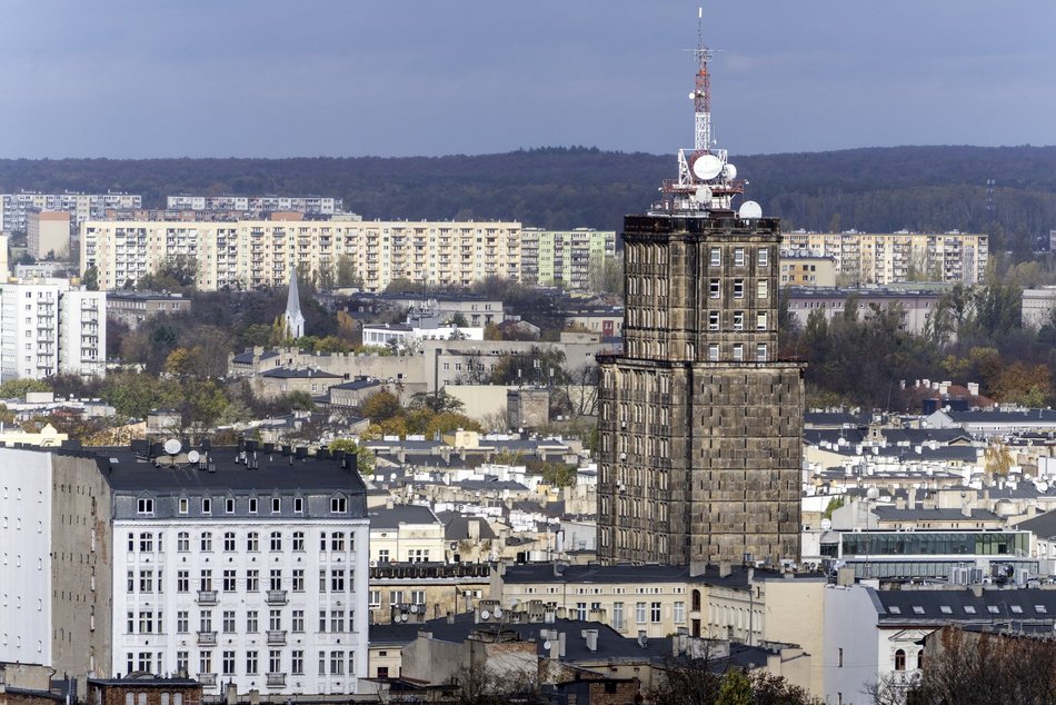 Łódź z lotu ptaka, panorama centrum Łodzi