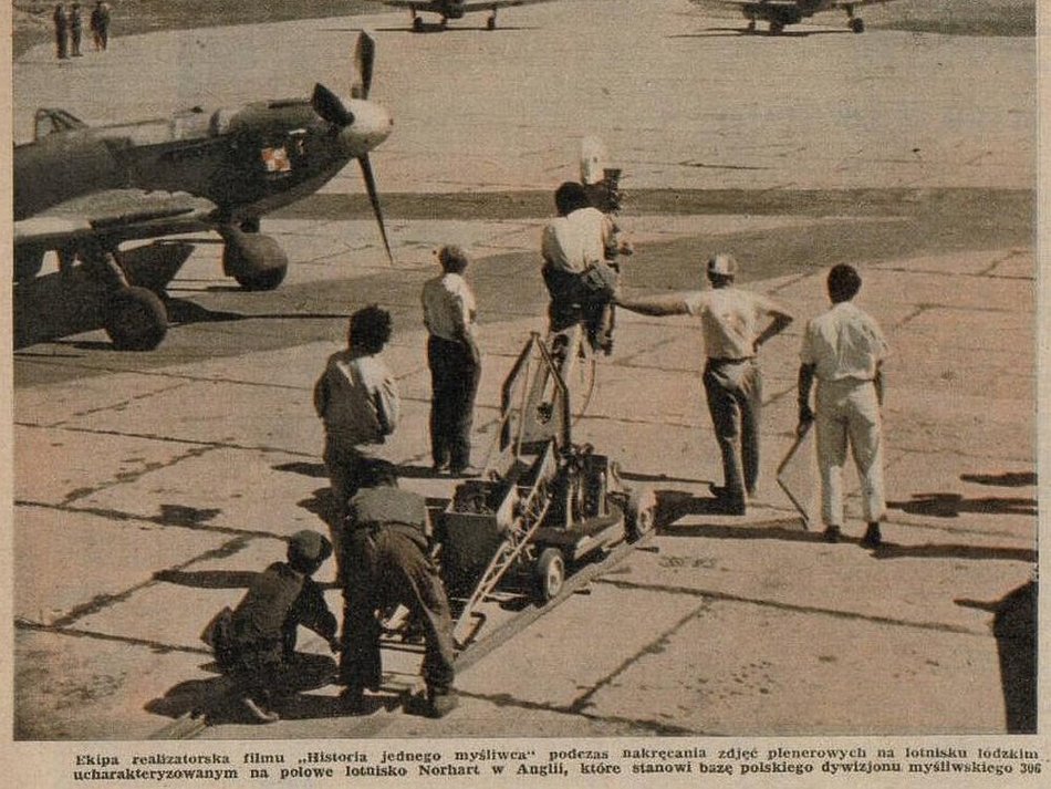 Scena z kręcenia filmu „Historia jednego myśliwca" na lotnisku w Łodzi - lata 1957-1958