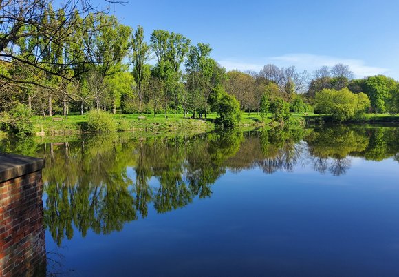Widok na park nas Jasieniem z grobli przy dawnym Wójtowskim Młynie