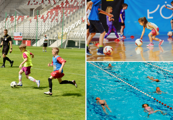 Pikniki sportowe w Łodzi - dzieci grają w piłkę nożną, koszykówkę i pływają