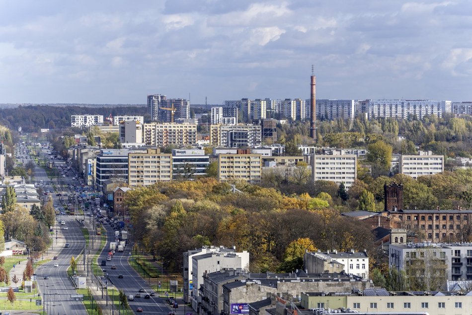 Łódź z lotu ptaka, panorama centrum Łodzi