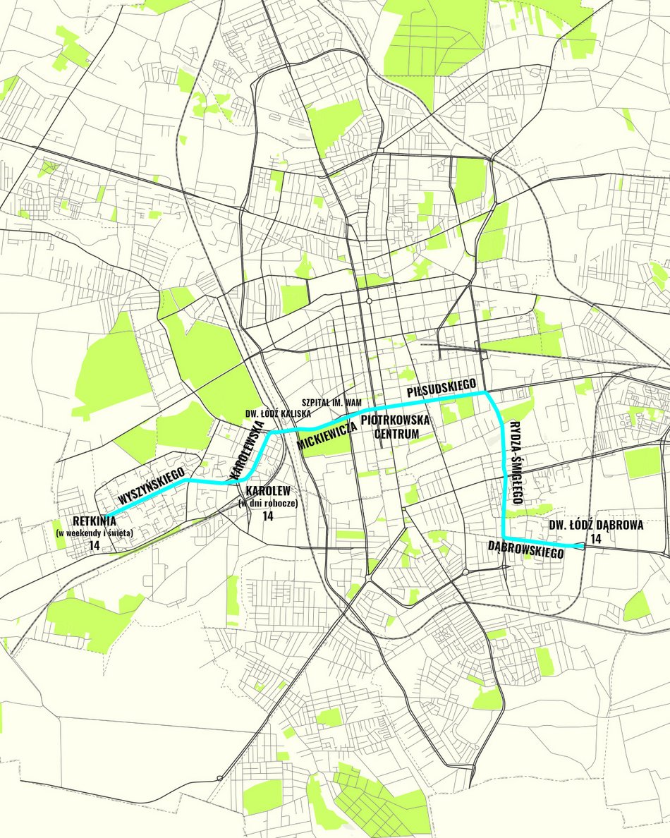 MPK Łódź - trasa linii nr 14 - mapa
