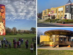 Mural Inti na wieżowcu przy Wyszyńskiego, CH Piaski, pawilon Okrąglak