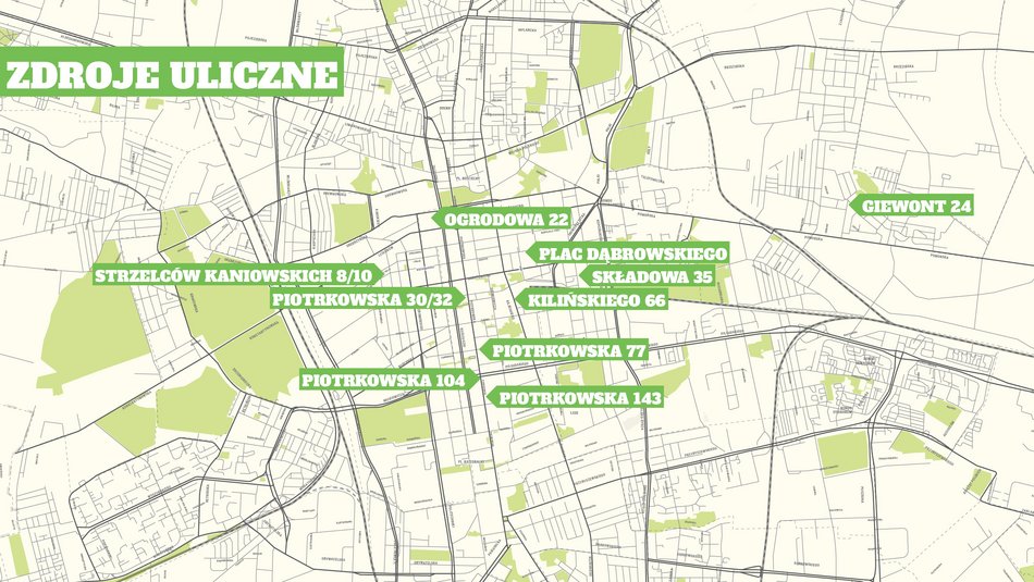 Zdroje uliczne w Łodzi - mapa 