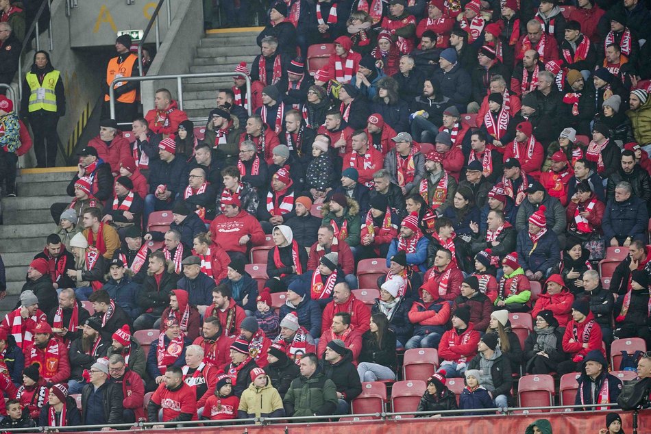 Kibice na meczu Widzewa Łódź z Jagiellonią Białystok