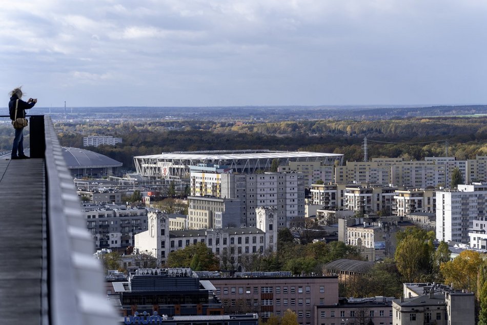 Łódź z lotu ptaka, panorama centrum Łodzi