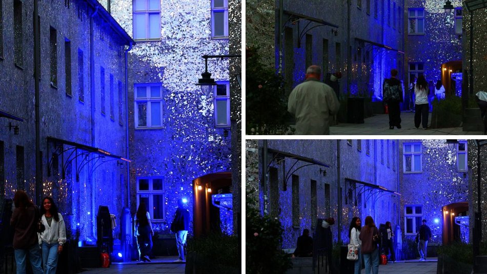 Łódź. Pasaż Róży w Łodzi cały na niebiesko! Łodzianie wspierają lot Sławosza Uznańskiego-Wiśniewskiego