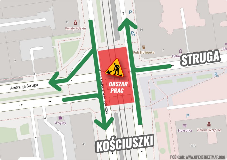 Remont torowiska na skrzyżowaniu Kościuszki i Struga. Zmiany w ruchu i MPK Łódź