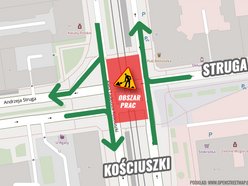 Remont torowiska na skrzyżowaniu Kościuszki i Struga. Zmiany w ruchu i MPK Łódź