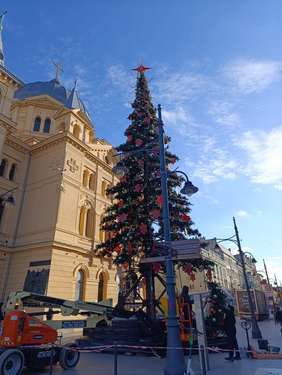 Łódź. Choinka na Piotrkowskiej prawie gotowa