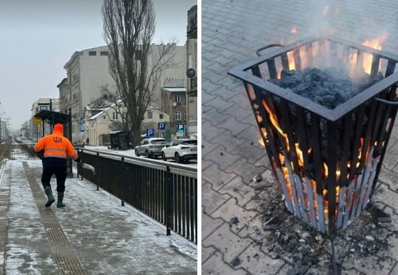 Łódź. Pracownik sypiący sól na przystanku i koksownik