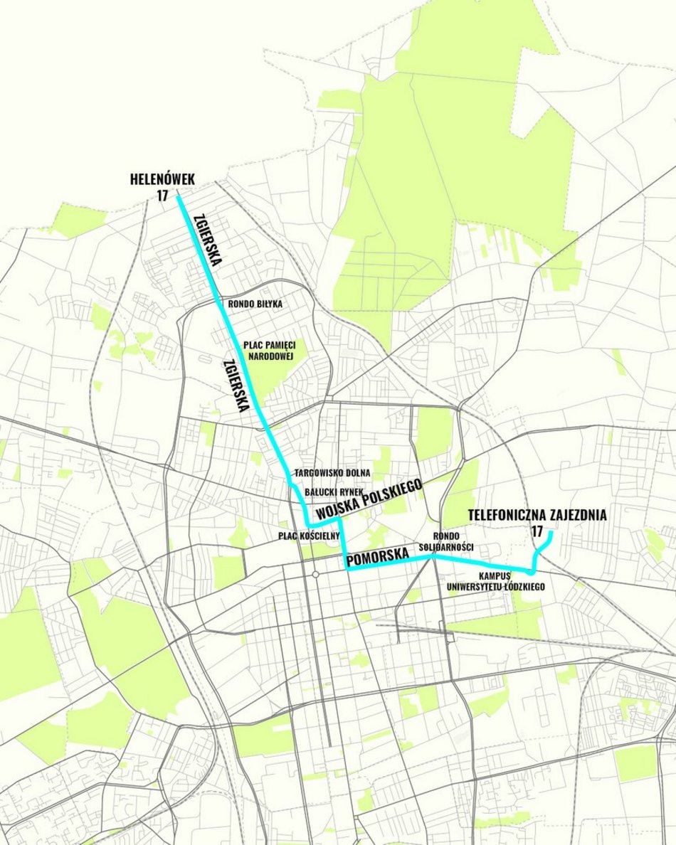 [Translate to Ukraiński:] MPK Łódź - trasa linii nr 17 - mapa