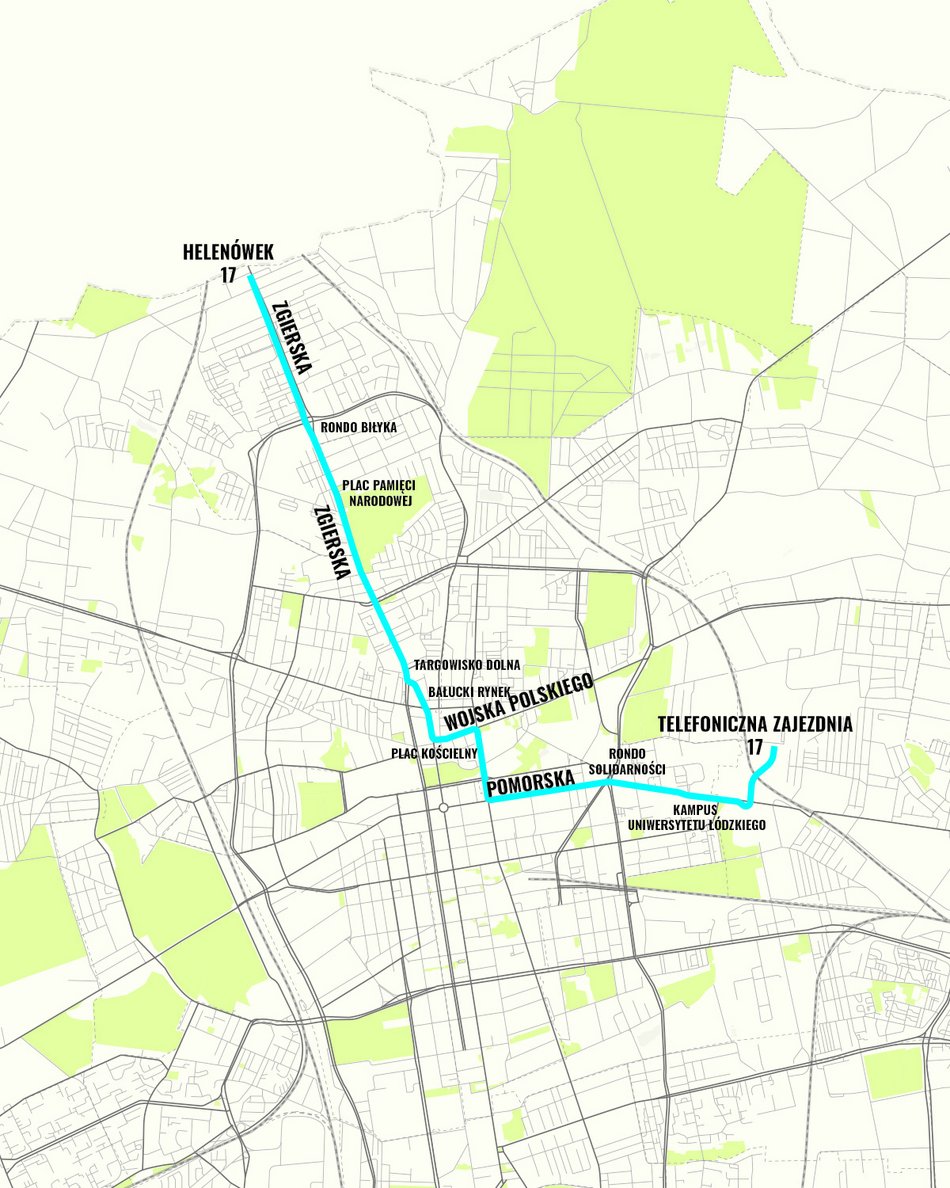 MPK Łódź - trasa linii nr 17 - mapa