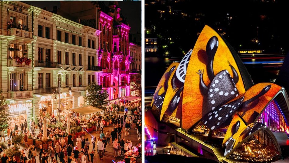 festiwal światła w mieście oświetlone budynki