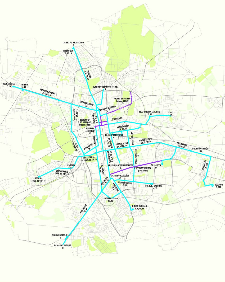 [Translate to Ukraiński:] MPK Łódź - trasy linii tramwajowych - mapa