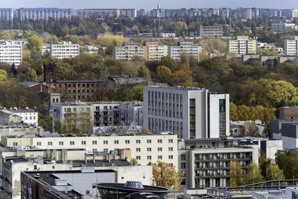 Łódź z lotu ptaka, panorama centrum Łodzi