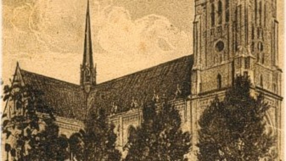Katedra łódzka na zdjęciu z pocz. lat 20. XX w., jeszcze bez zwieńczenia wieży głównej