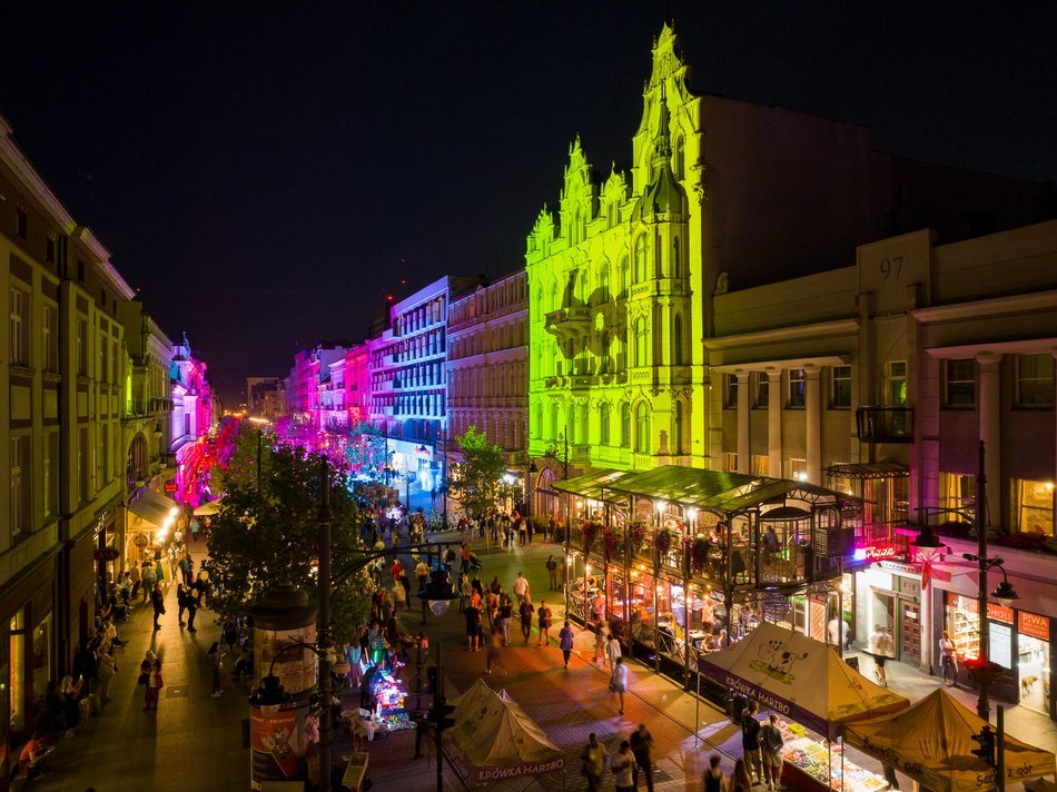 festiwal światła w Łodzi z lotu ptaka