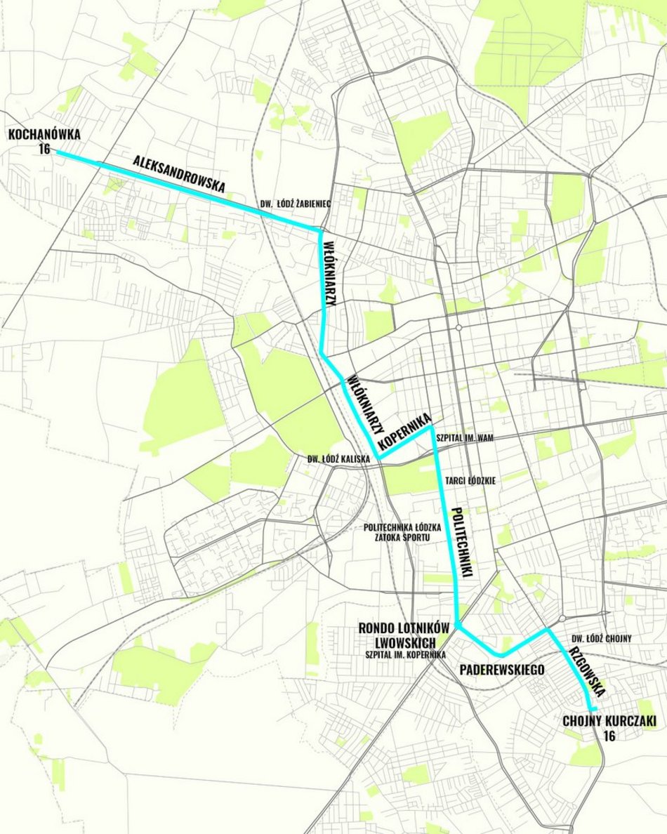 [Translate to Ukraiński:] MPK Łódź - trasa linii nr 16 - mapa