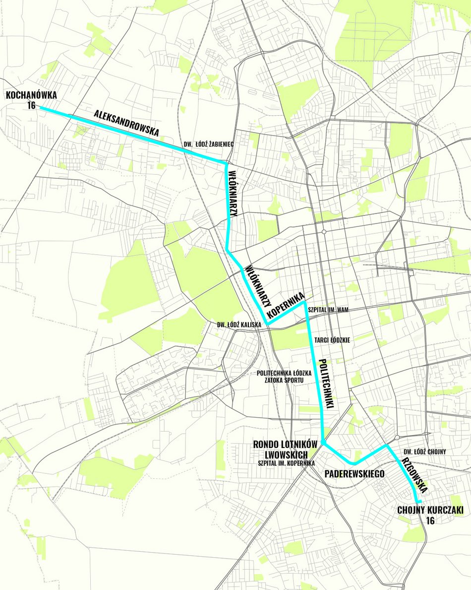 MPK Łódź - trasa linii nr 16 - mapa