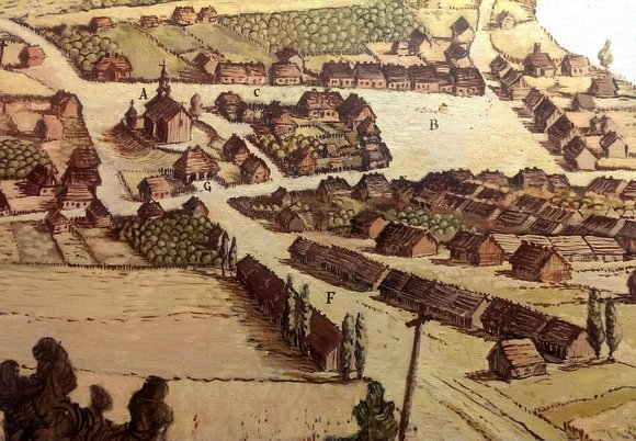 stara rycina przedstawiająca miasteczko