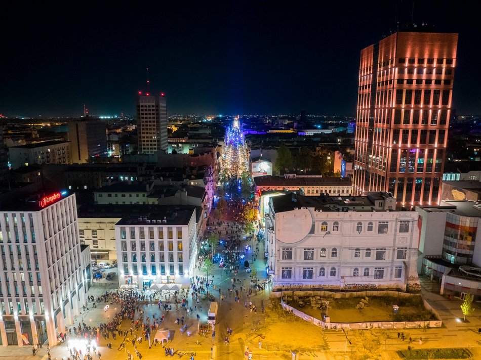festiwal światła w Łodzi z lotu ptaka
