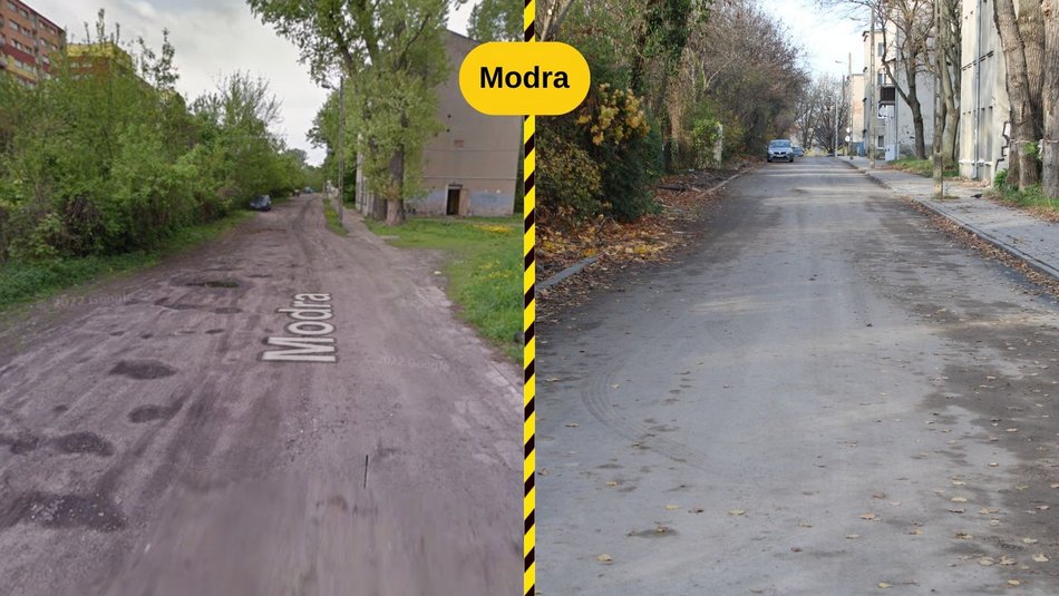 Łódź. Ulica Modra w Łodzi przed i po remoncie