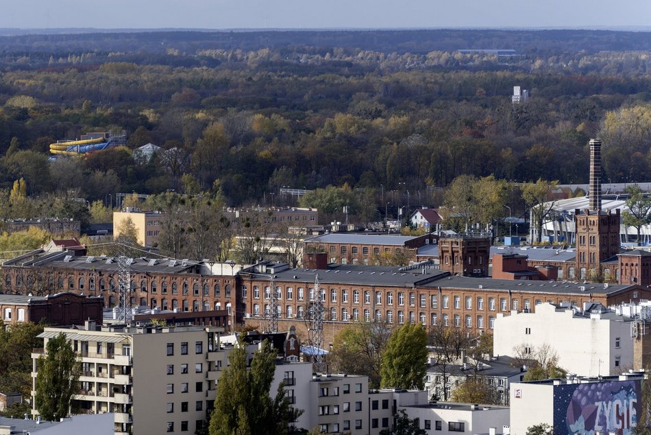 Łódź z lotu ptaka, panorama centrum Łodzi