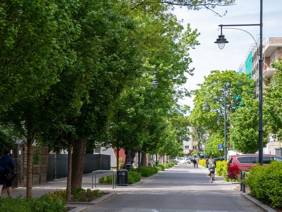 Łódź. Woonerf na ul. Pogonowskiego w Łodzi