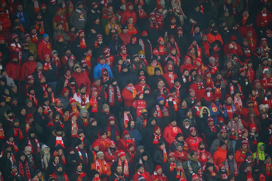 Łódź. Kibice na meczu Widzewa Łódź z Jagiellonią Białystok