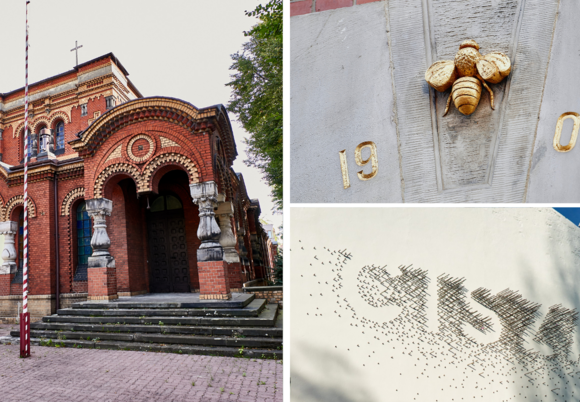 Star Polesie w Łodzi - kościół garnizonowy, złota pszczoła na I LO, mural cisza