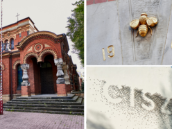 Star Polesie w Łodzi - kościół garnizonowy, złota pszczoła na I LO, mural cisza
