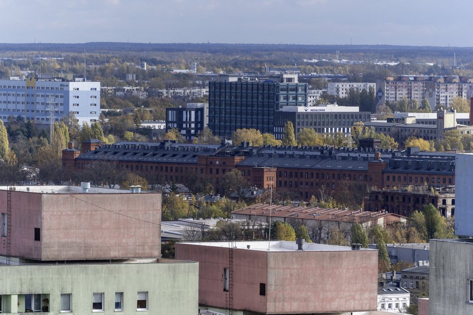 Łódź z lotu ptaka, panorama centrum Łodzi