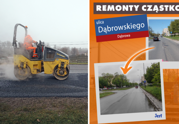 Remonty cząstkowe ulic w Łodzi. Maszyna naprawiająca ulicę