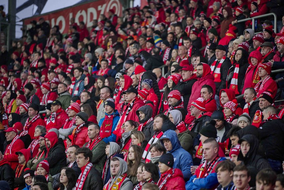 Kibice na meczu Widzewa Łódź z Jagiellonią Białystok