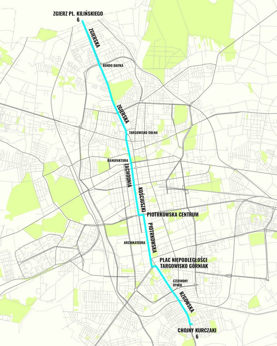 MPK Łódź - trasa linii nr 6 - mapa